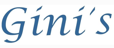 Logotipo azul cursiva de “Gini’s” sobre fondo blanco
