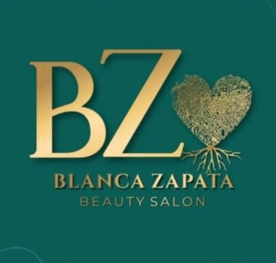 Logotipo dorado “BZ” con raíces de árbol en forma de corazón y el texto “Blanca Zapata Beauty Salon” sobre fondo turquesa.