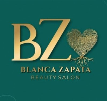 Logotipo dorado &ldquo;BZ&rdquo; con ra&iacute;ces de &aacute;rbol en forma de coraz&oacute;n y el texto &ldquo;Blanca Zapata Beauty Salon&rdquo; sobre fondo turquesa.