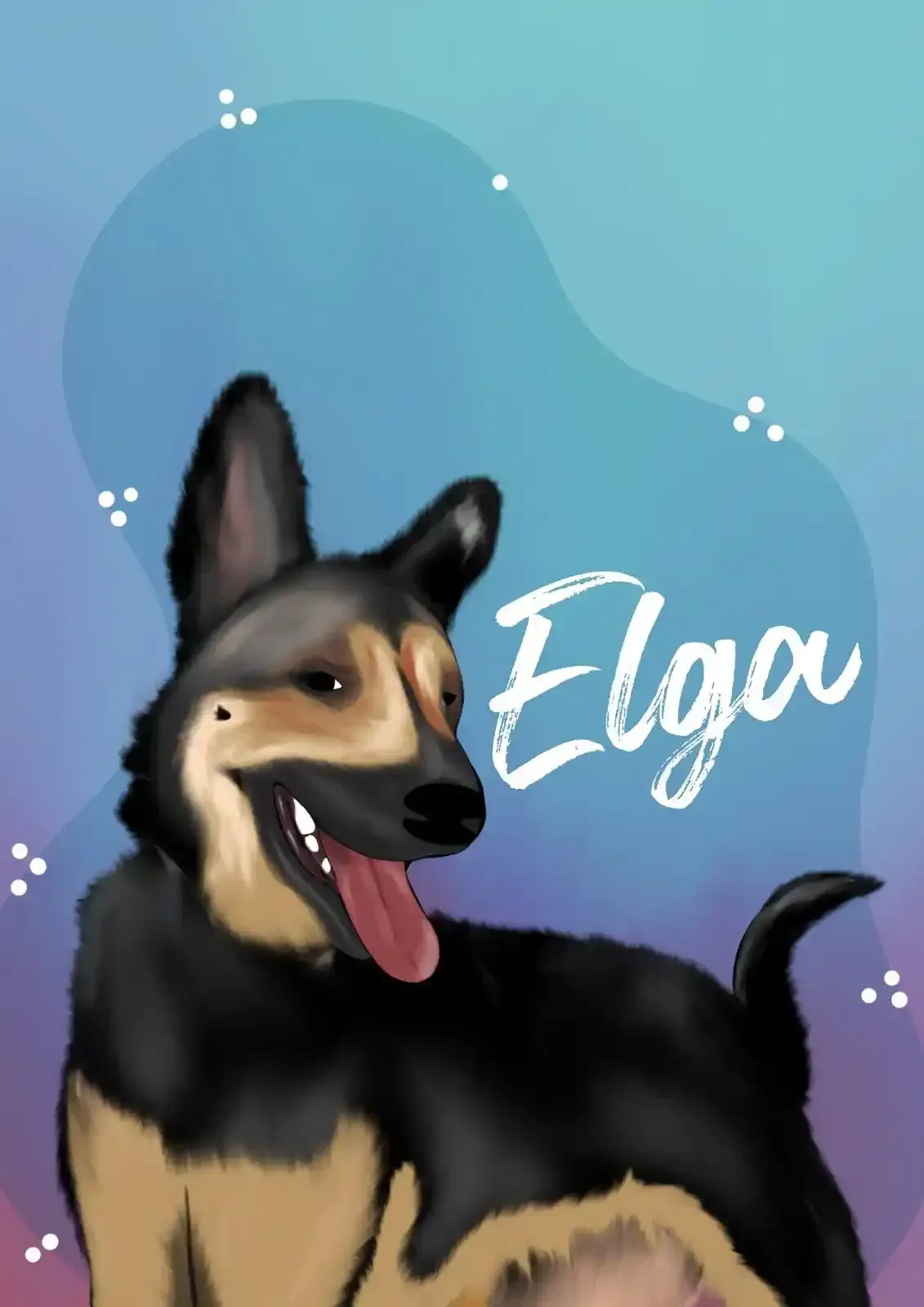 Ilustración de un perro negro y marrón con la lengua fuera, llamado Elgu, sobre un fondo azul-púrpura.