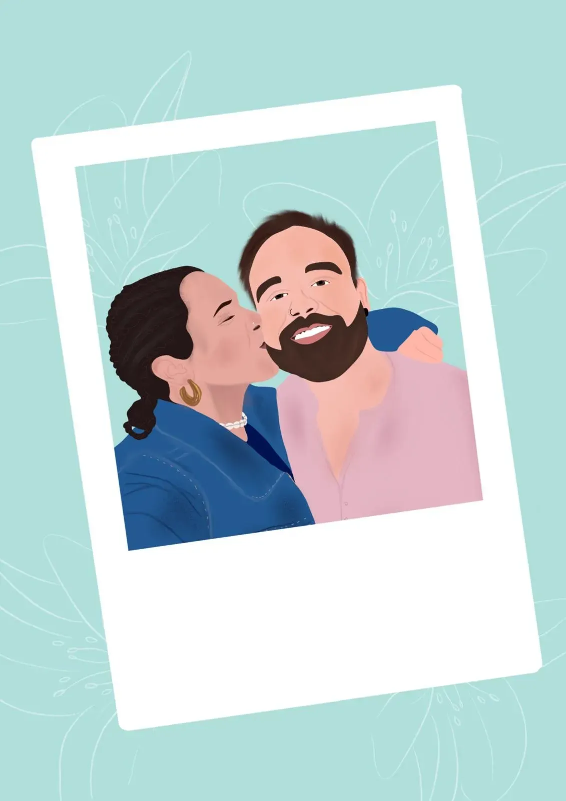 Dos personas sonriendo en una foto estilo Polaroid inclinada sobre un fondo turquesa.