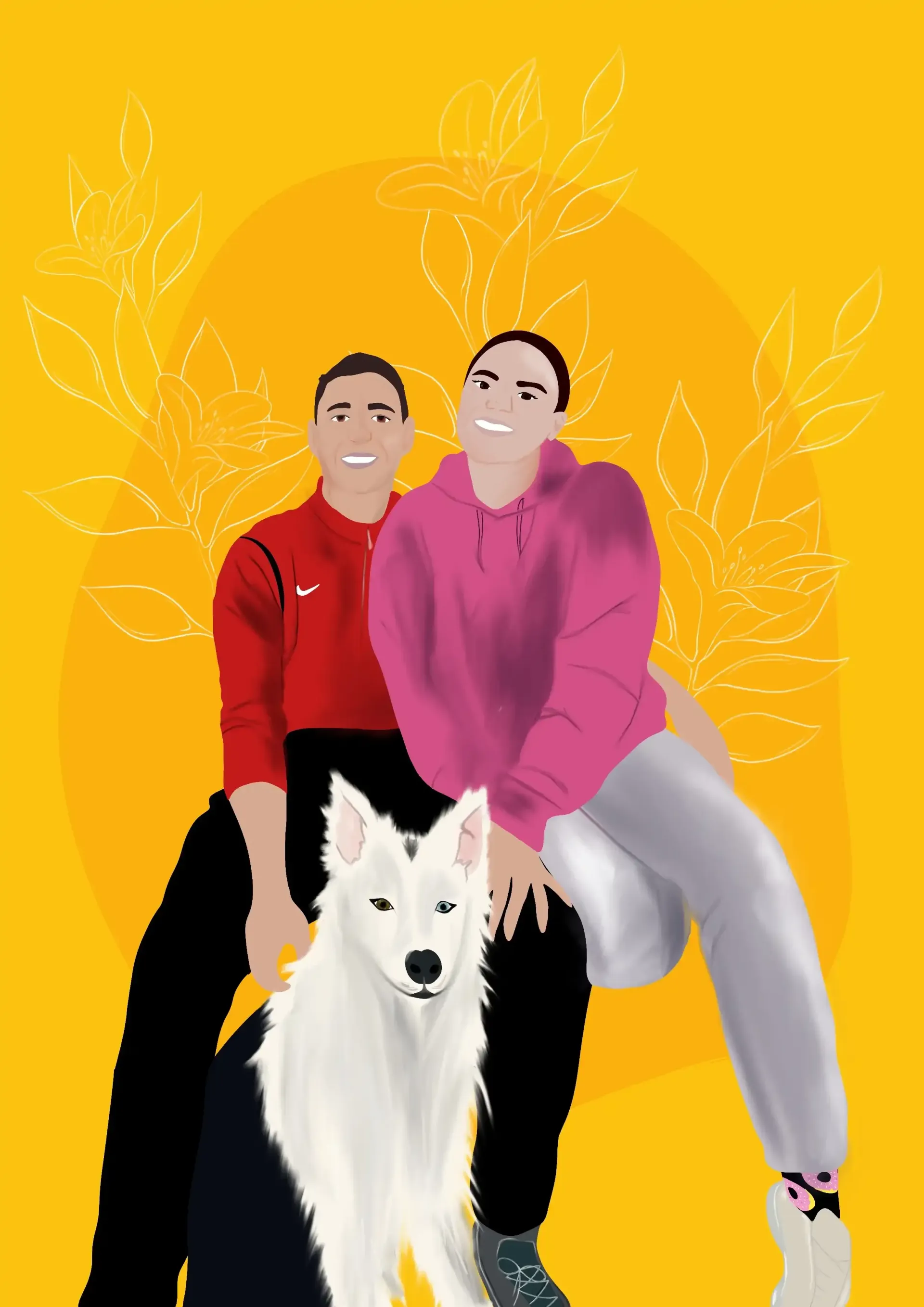 Dos personas posando con un perro blanco sobre un fondo amarillo brillante, con tenues contornos de hojas.