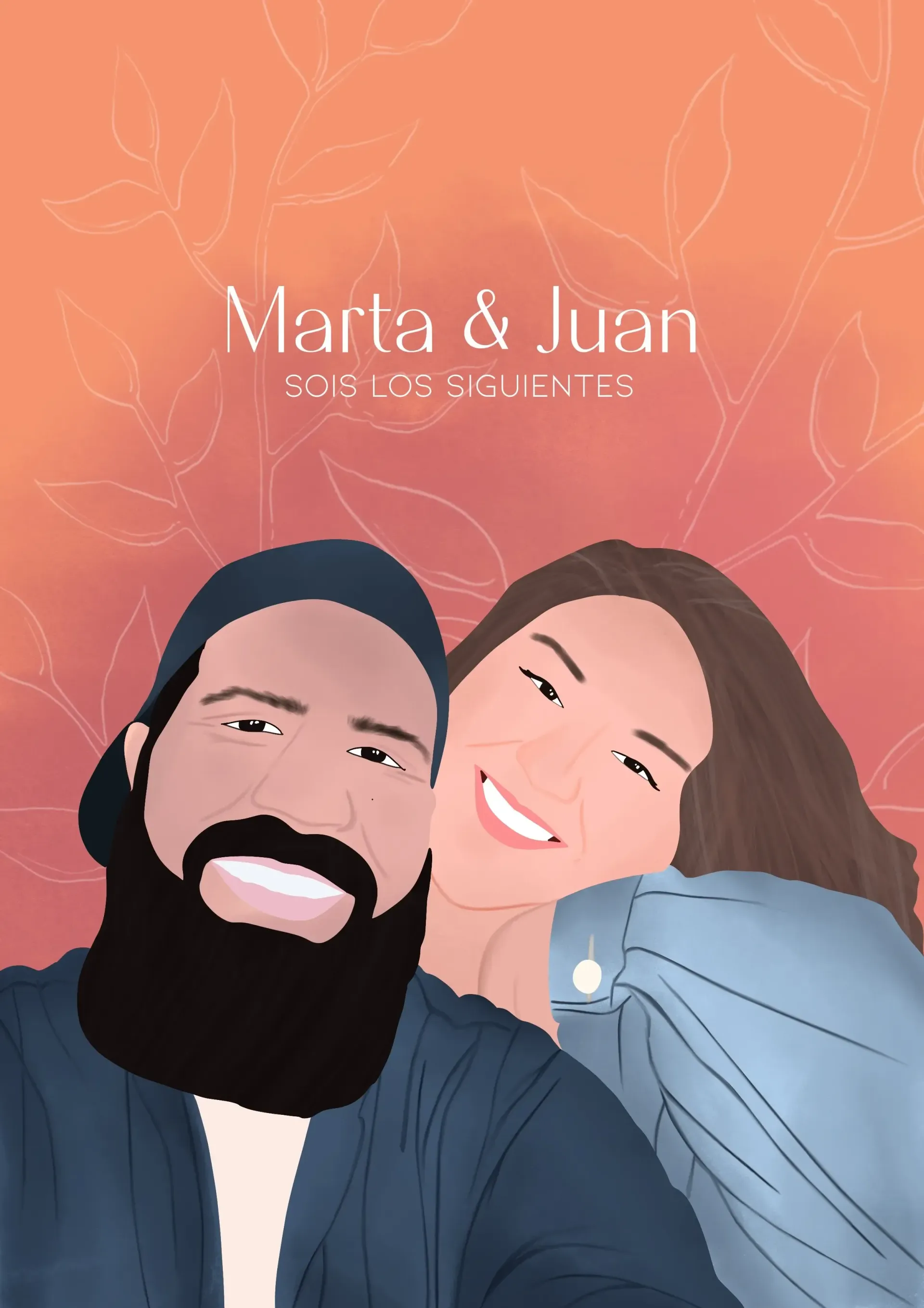 Retrato de una pareja sonriente sobre un fondo coral con dibujos florales y los nombres “Marta y Juan” encima.