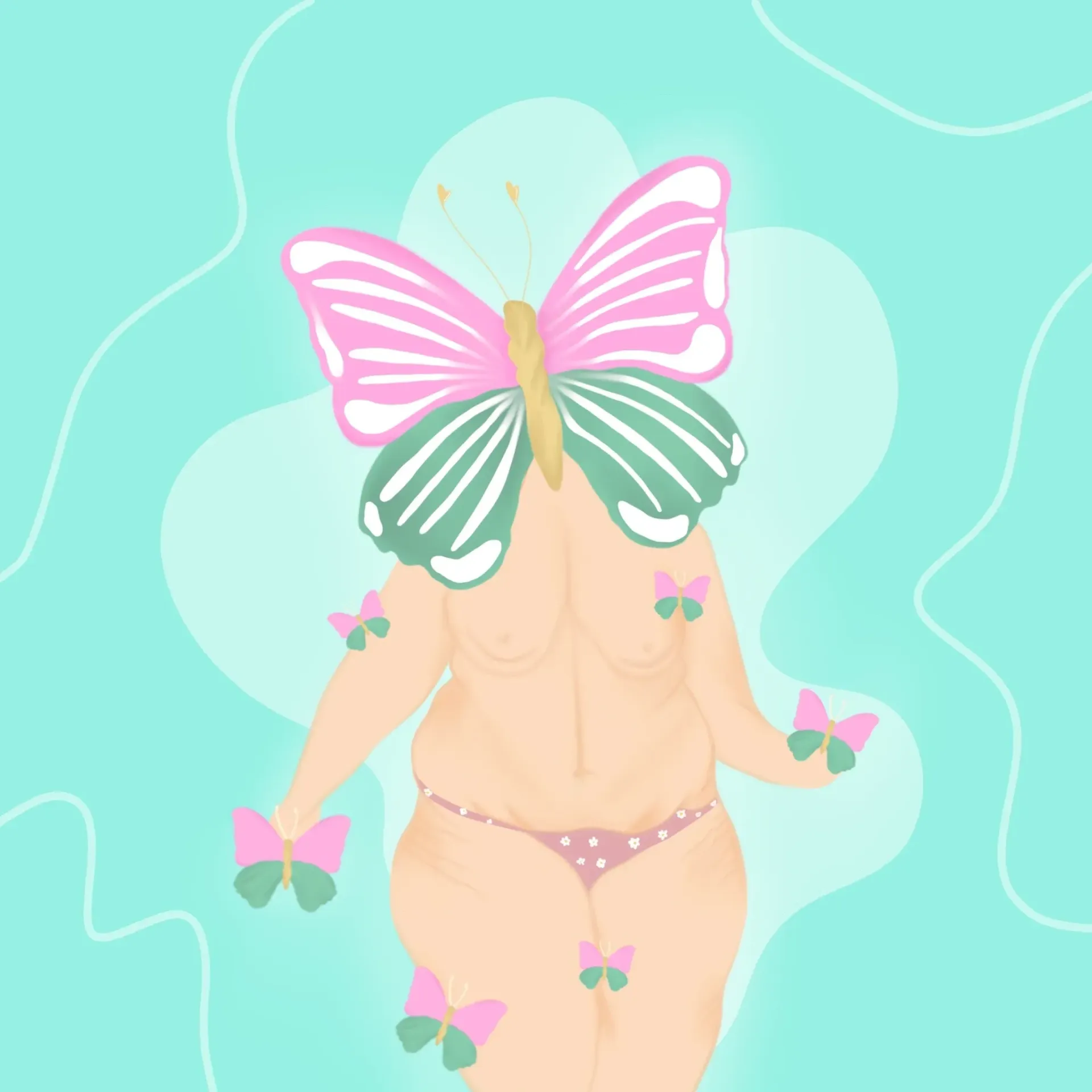 Figura de hada mariposa en tonos pastel con alas rosas y flores sobre un fondo turquesa.