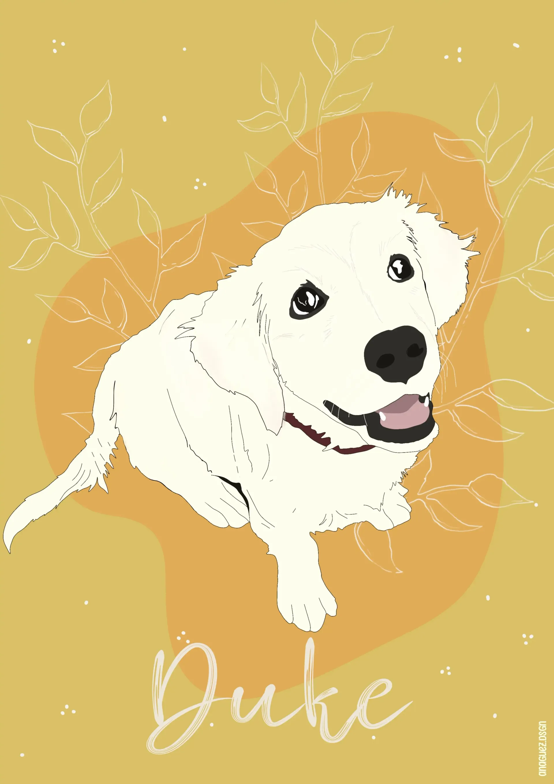 Ilustración de un golden retriever sobre fondo amarillo con el nombre 