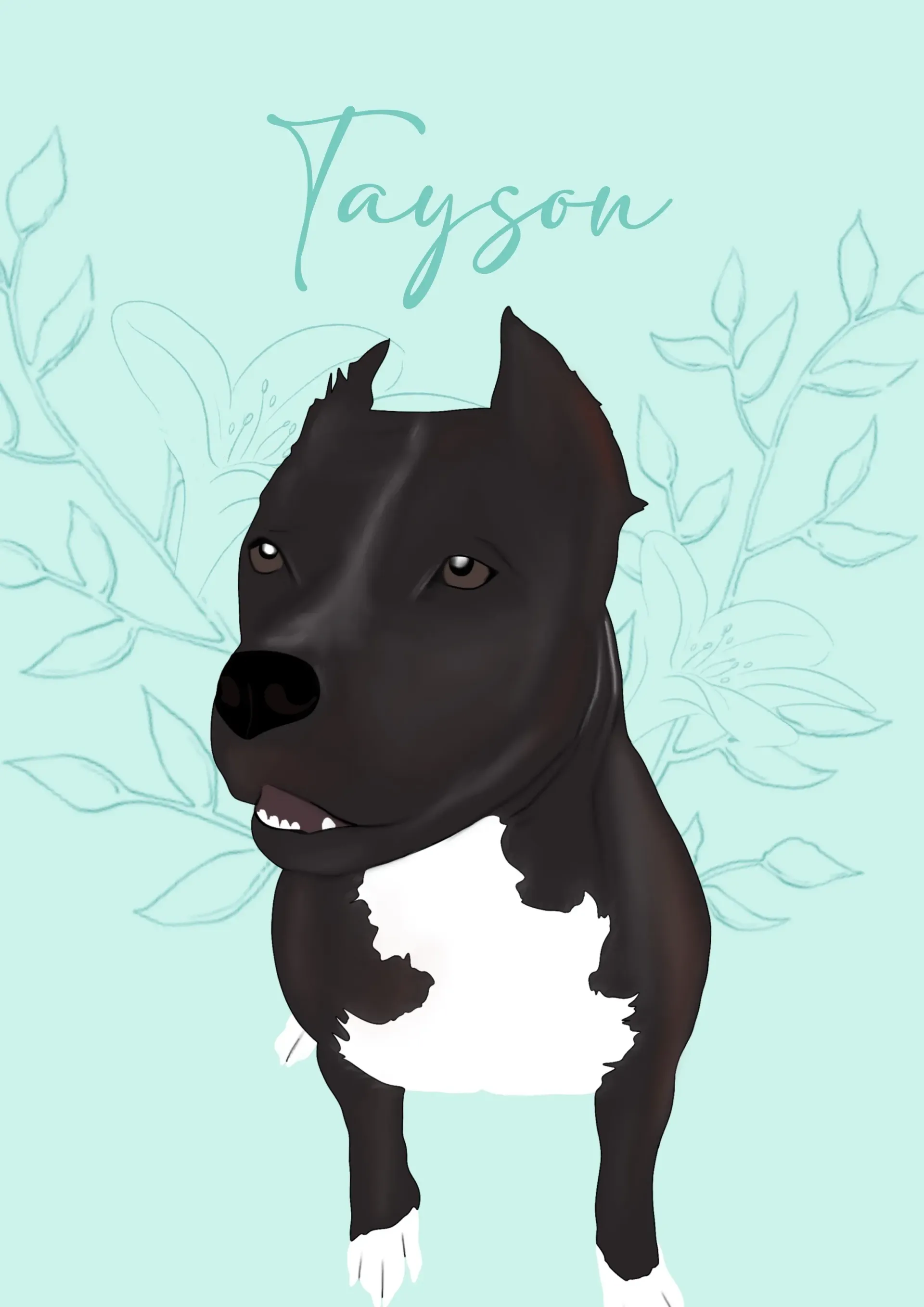 Perro negro con manchas blancas en el pecho sobre un fondo verde azulado pálido, con el nombre 