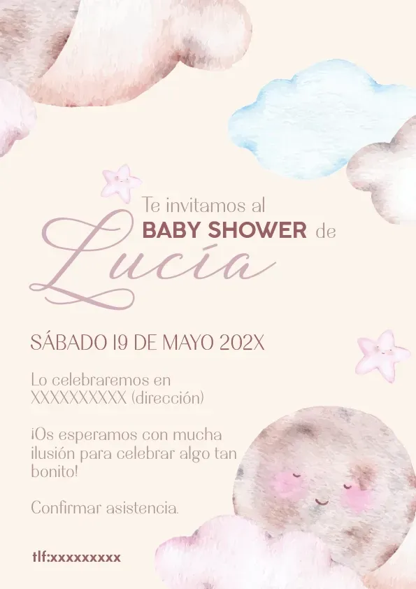 Invitación para baby shower con nubes en tonos pastel