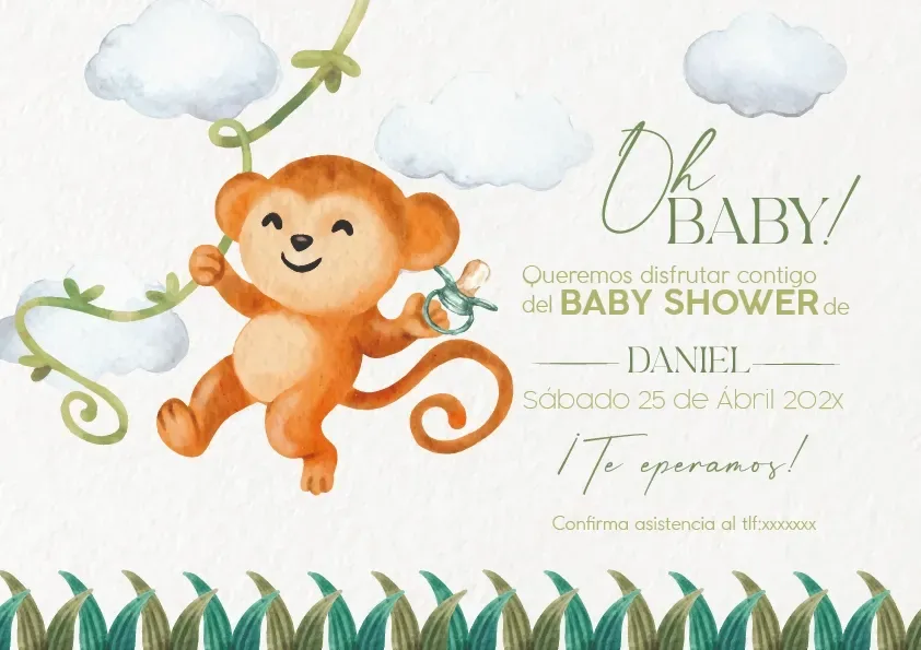 Invitación para baby shower con un mono naranja colgando de enredaderas, nubes y bordes de césped verde.