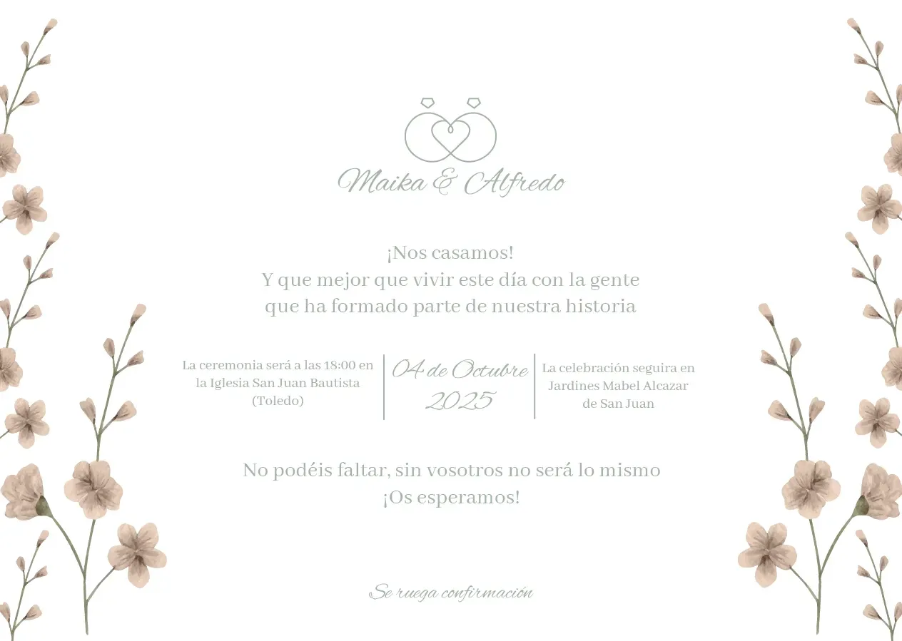 Elegante invitación de boda blanca con borde floral dorado y texto en español.