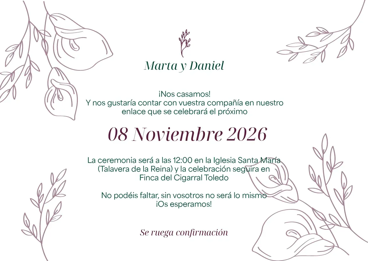 Invitación de boda floral en tonos lila y beige con fecha 08 noviembre 2026 y nombres de los novios