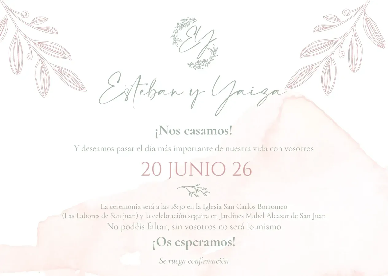 Elegante invitación de boda en tonos pastel con esquinas florales, nombres en letra cursiva y fecha “20 JUNIO 26”.