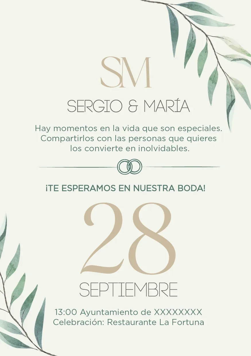 Invitación de boda beige con hojas verdes, iniciales SM y fecha 28 septiembre.