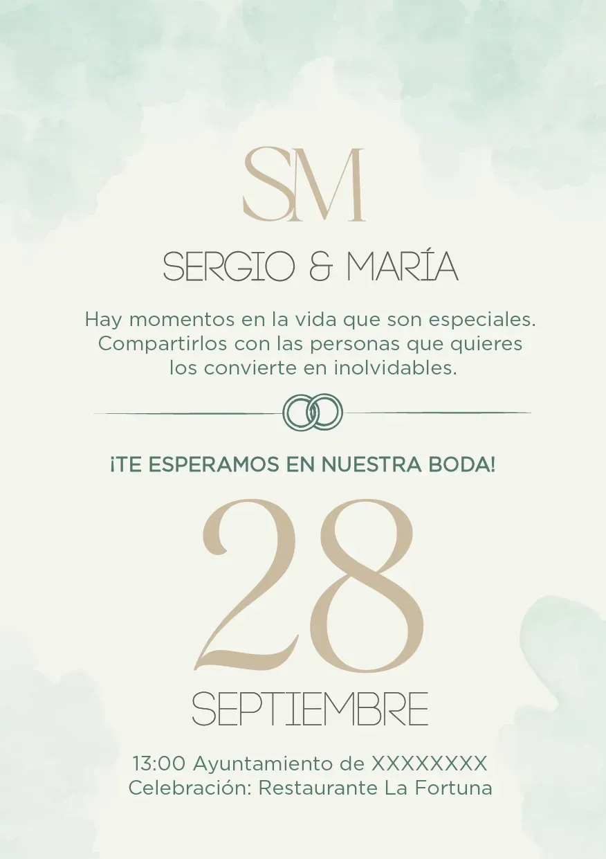 Invitación de boda con fondo pastel suave para Sergio y Marta, anunciando el 28 de septiembre en español.