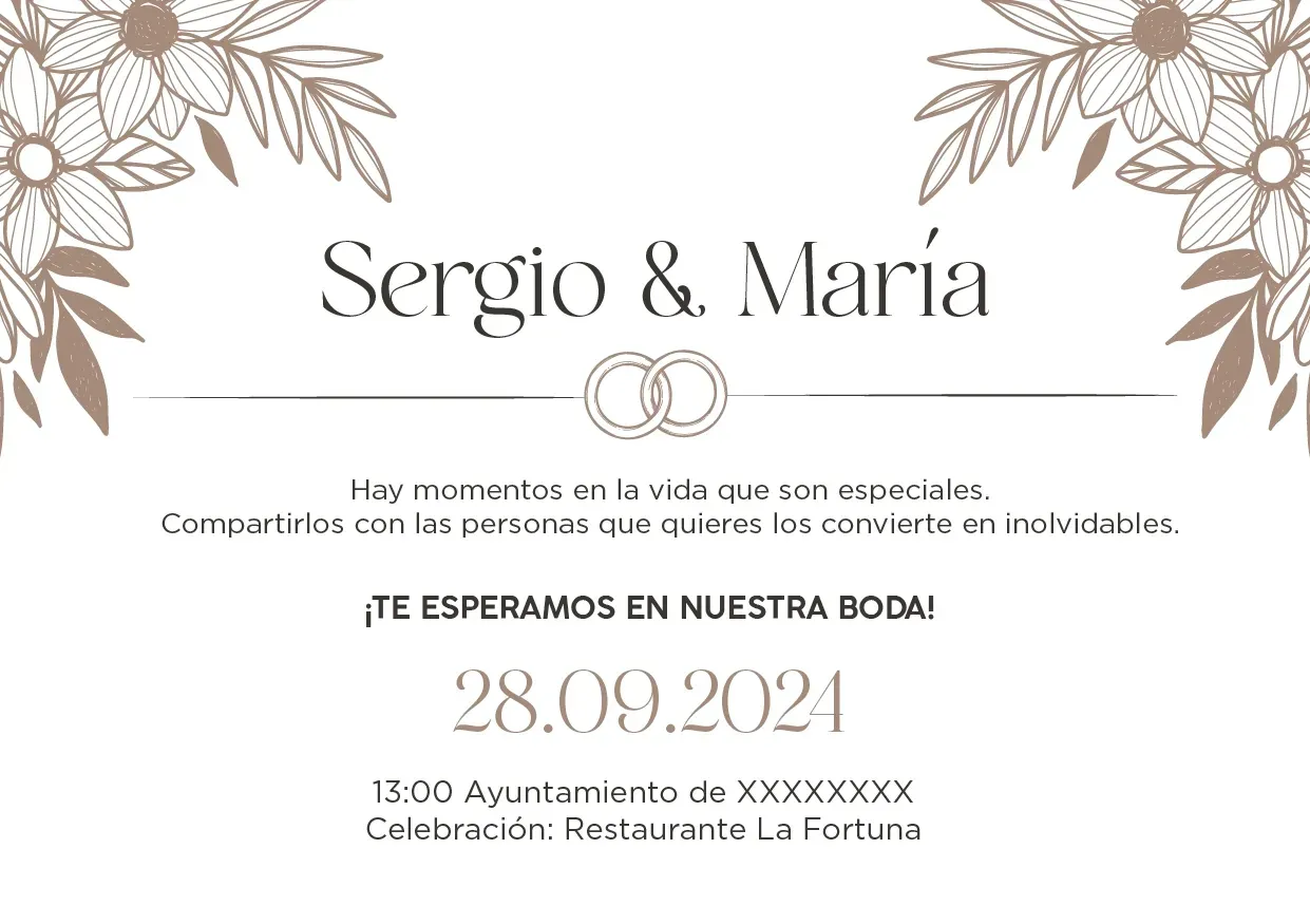 Invitación de boda para Sergio y María con borde floral beige, fecha 28.09.2024 y detalles del lugar de celebración.