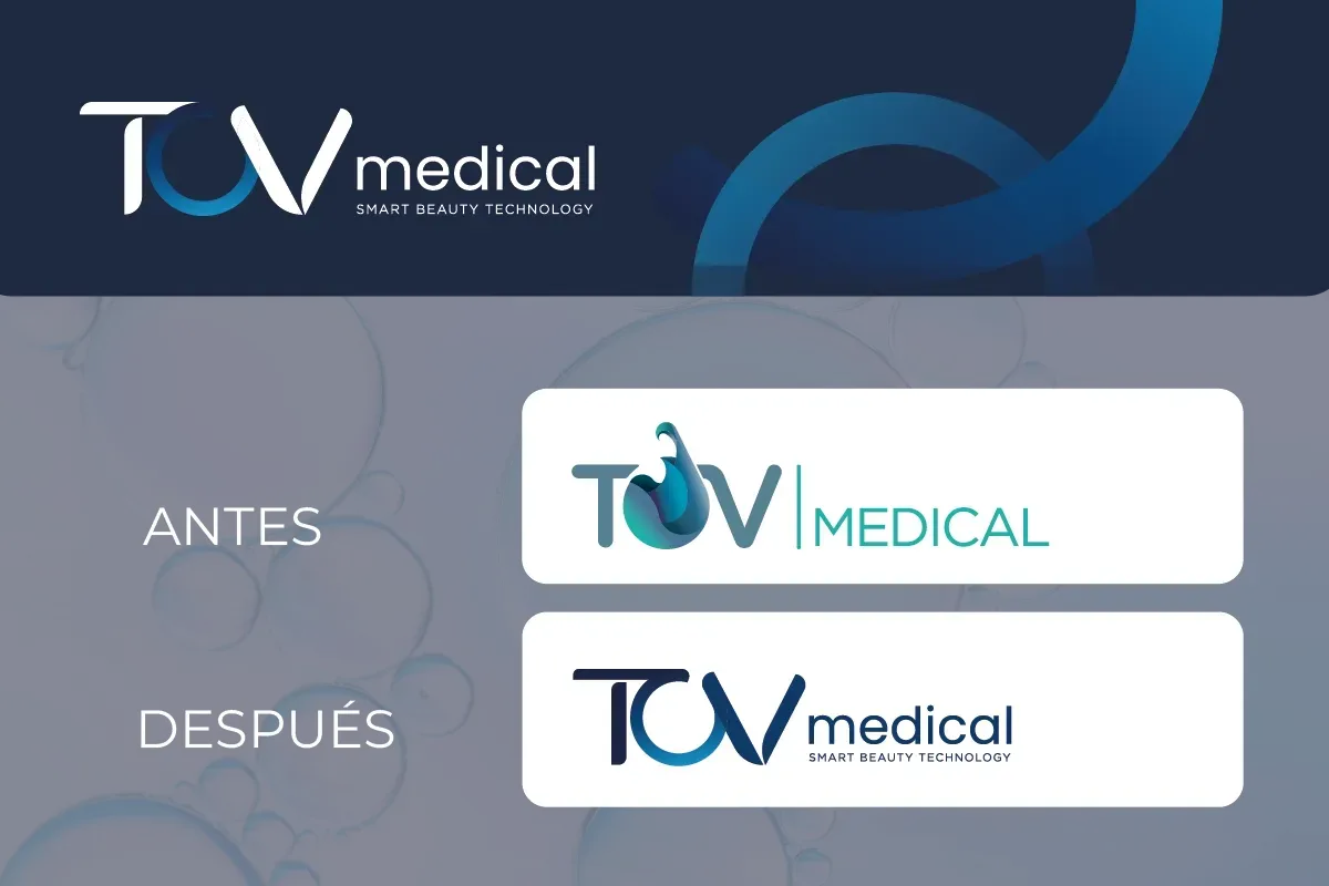 Antes y después del logo TUV Medical, mostrando un diseño actualizado en azul y blanco.