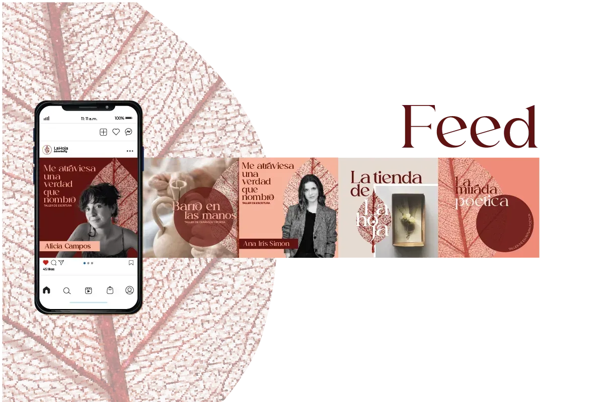 Maqueta de feed de Instagram con publicaciones de temática rosa y título