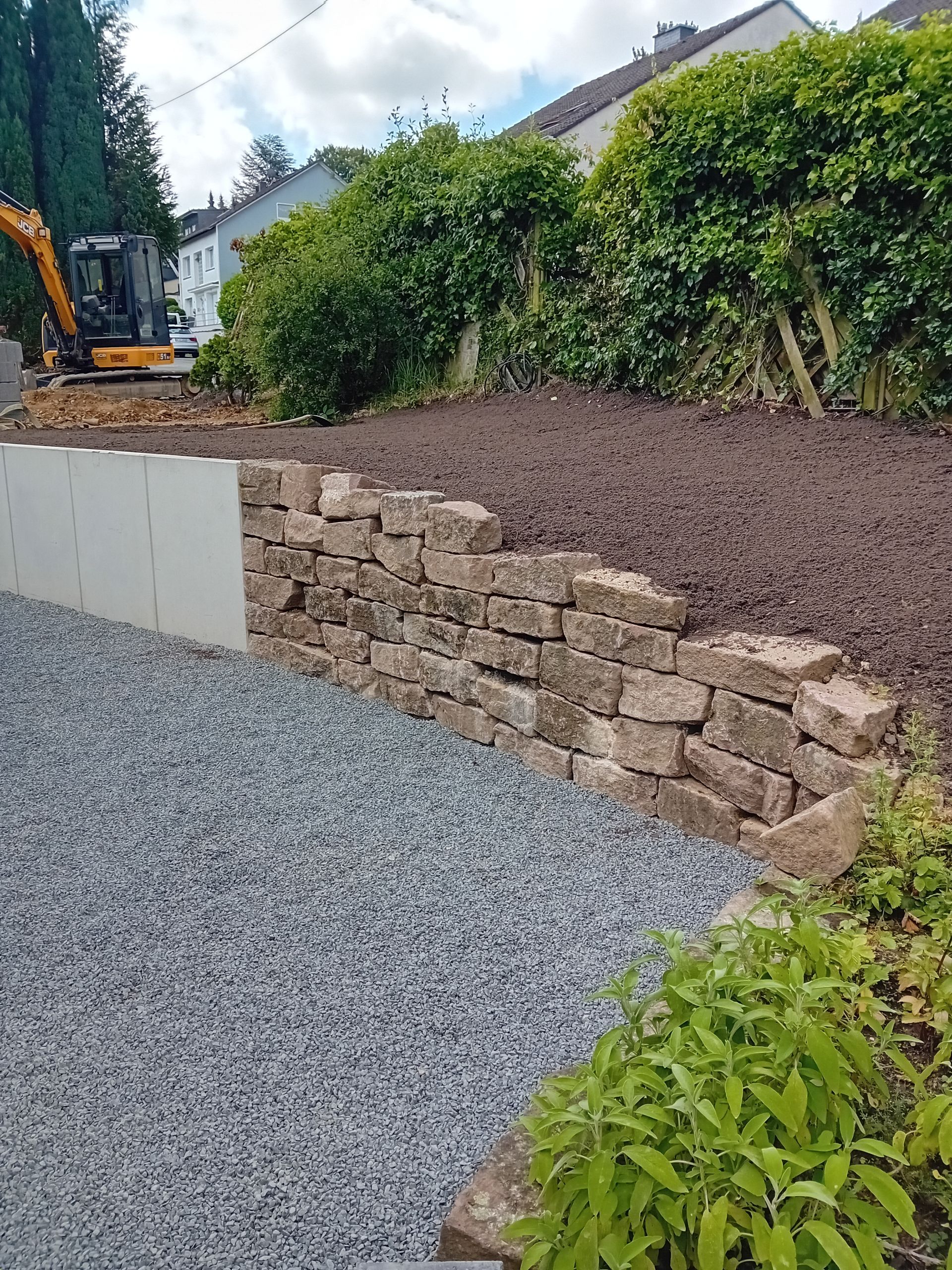 Minibagger bei der Gartenumgestaltung hinter einer Natursteinmauer und Hecke.