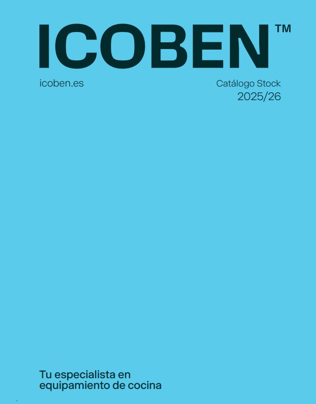 Portada de un catálogo de equipamiento de cocina, con fondo verde azulado y el logo “ICOBEN”.