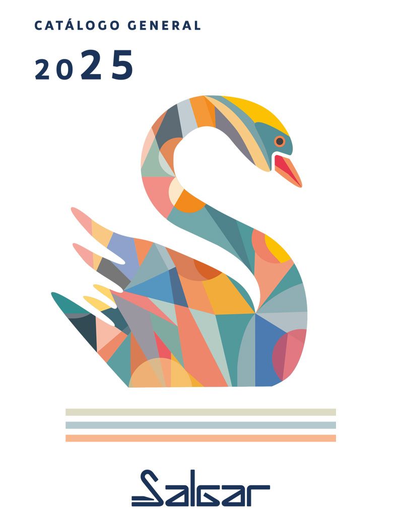 Portada del catálogo con cisne geométrico colorido, logo
