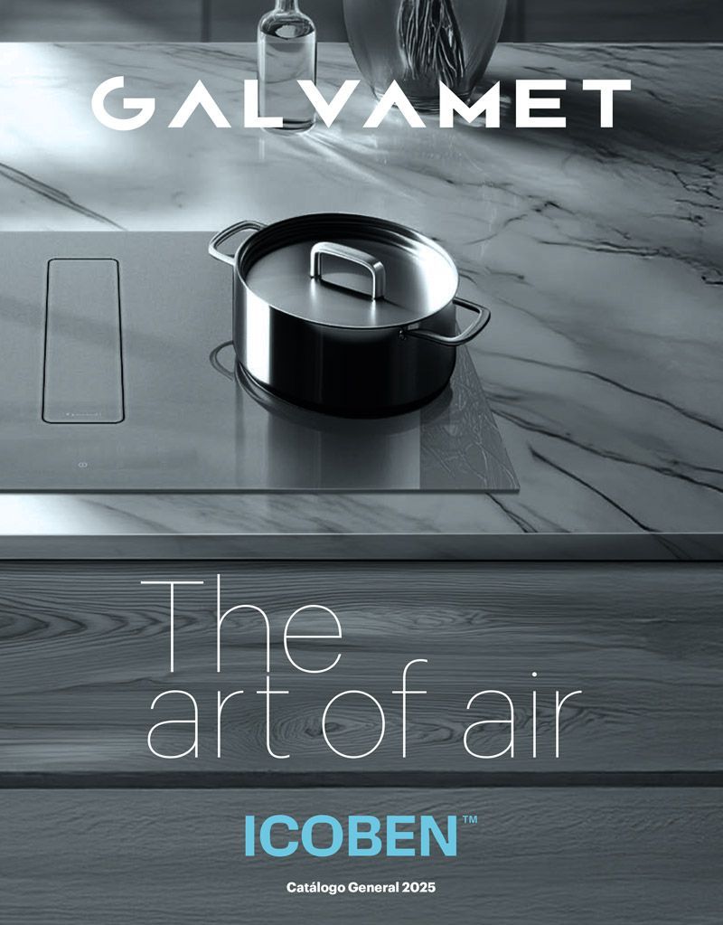 Anuncio de Galvamet: Utensilios de cocina sobre una placa minimalista. Eslogan