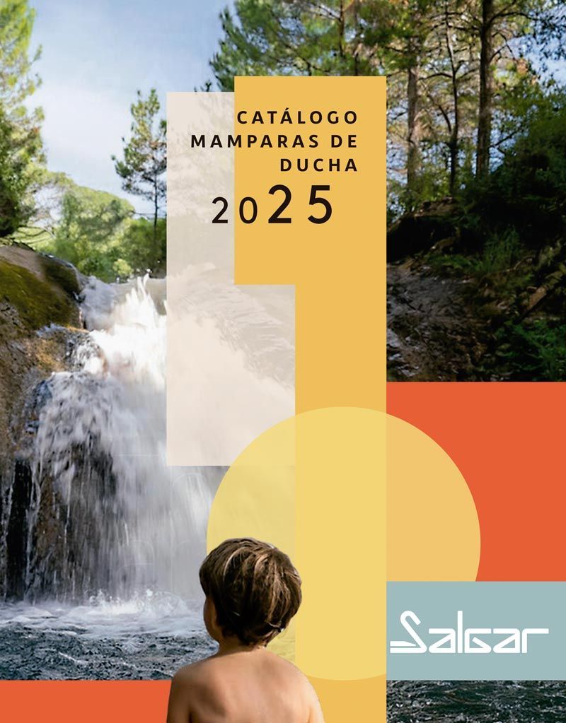 Portada del catálogo: Mamparas de ducha. Escena de cascada, niño, texto
