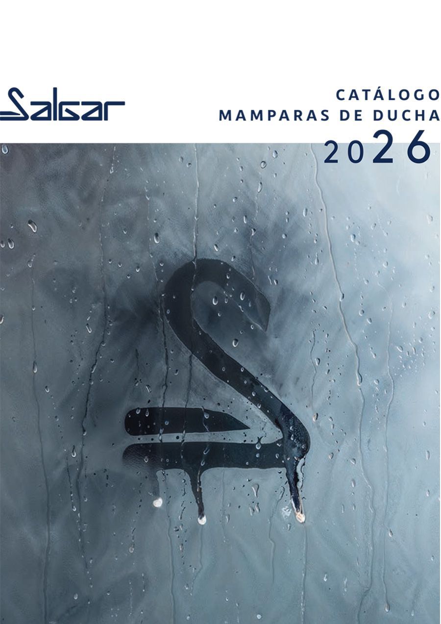 Portada del catálogo: Mamparas de ducha. Escena de cascada, niño, texto