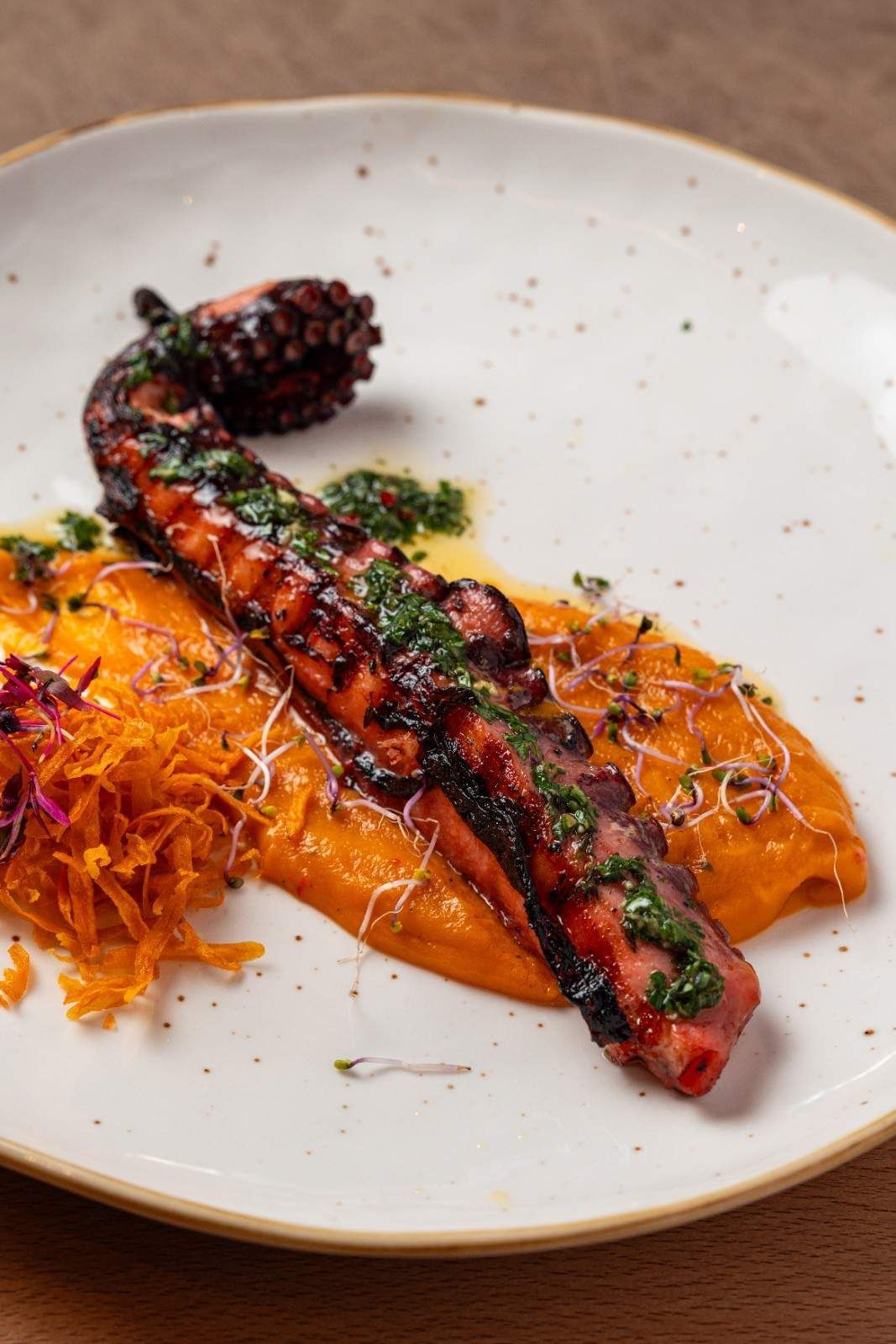 Pulpo a la plancha con puré de naranja y hierbas en un plato blanco.