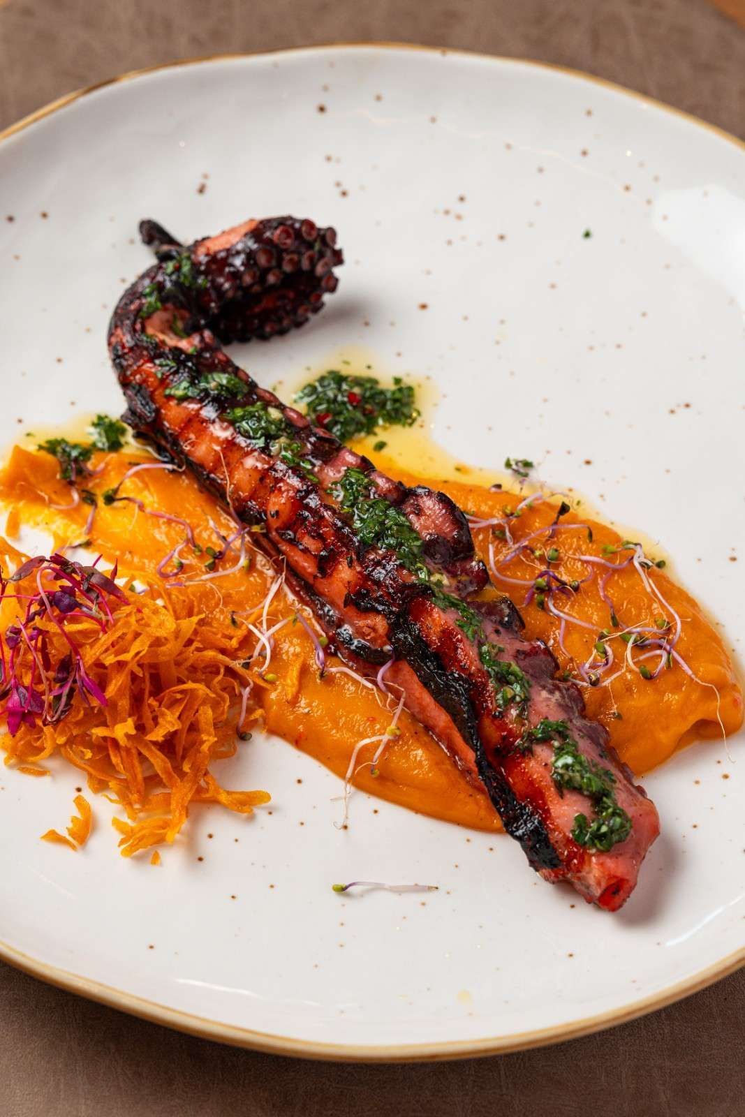 Pulpo a la parrilla en un plato blanco con salsa de naranja y guarnición crujiente.