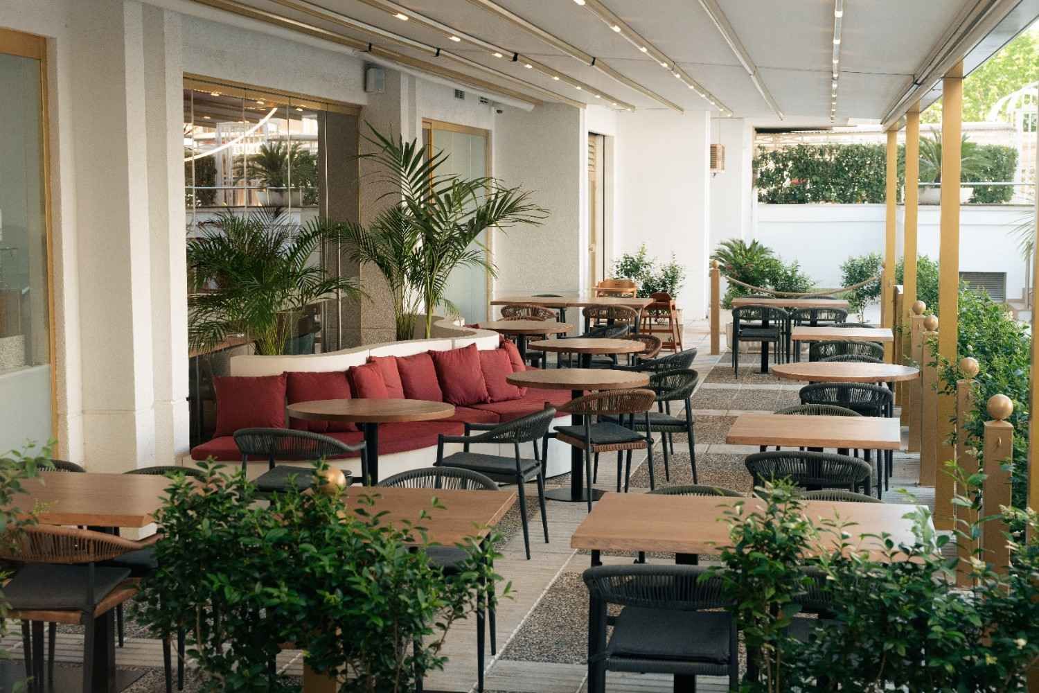 Terraza de cafetería al aire libre con sofás rojos, mesas de madera y plantas en macetas bajo un toldo.