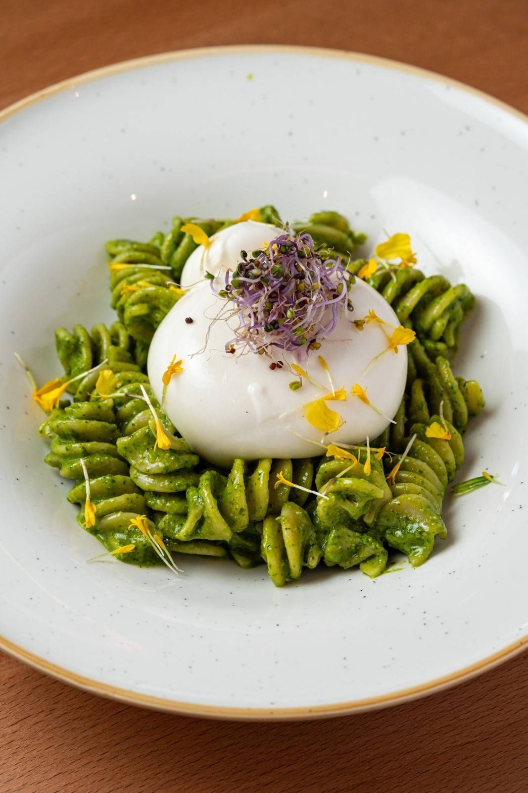 Fusilli con pesto verde, bola de queso burrata y hierbas en un plato blanco.