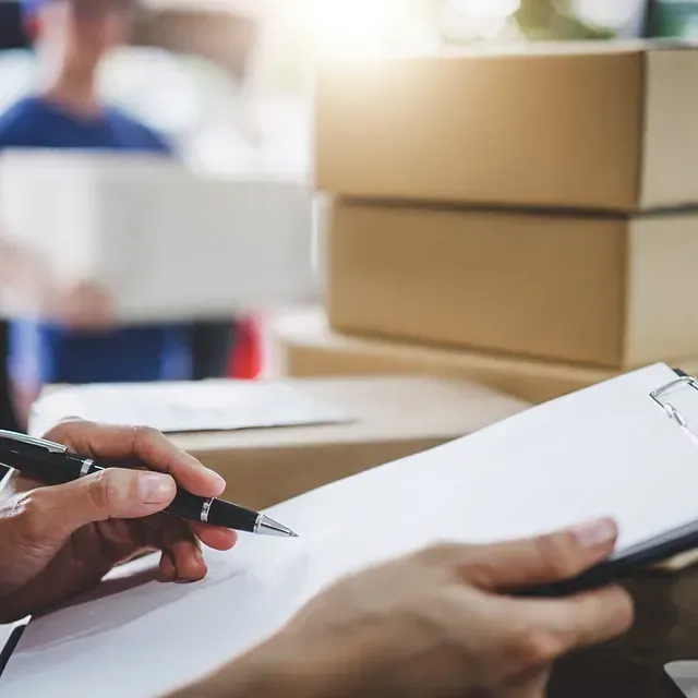 Persona escribiendo en un portapapeles con bolígrafo; repartidor en segundo plano sosteniendo paquetes y cajas apiladas.
