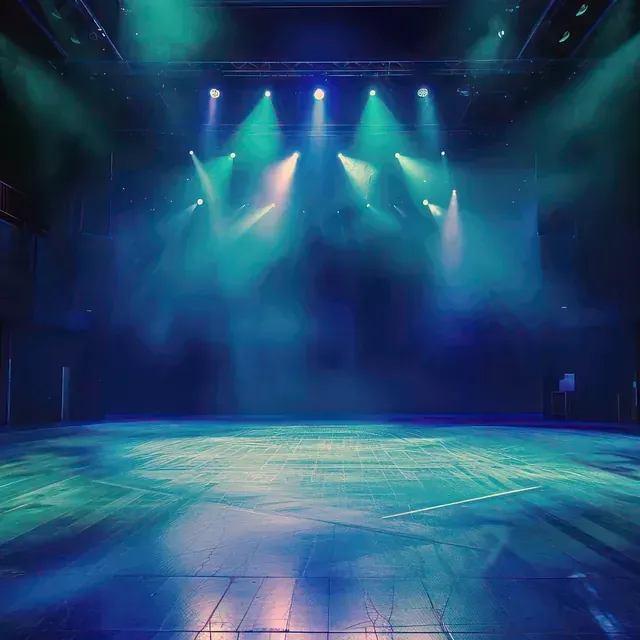 Escenario de teatro vacío iluminado con focos azules y verdes.