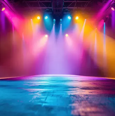 Un escenario muy iluminado con focos de colores en rosa, azul, morado y naranja.