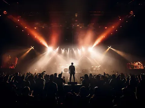 Un músico se encuentra en el escenario, recortado contra las brillantes luces del escenario, tocando para una multitud.