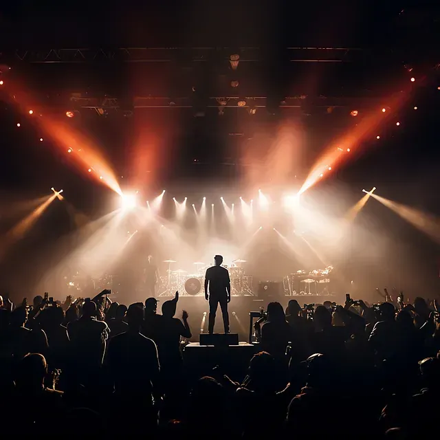 Un artista recortado se encuentra en un escenario, iluminado por luces, frente a una multitud de fanáticos que lo vitorean.