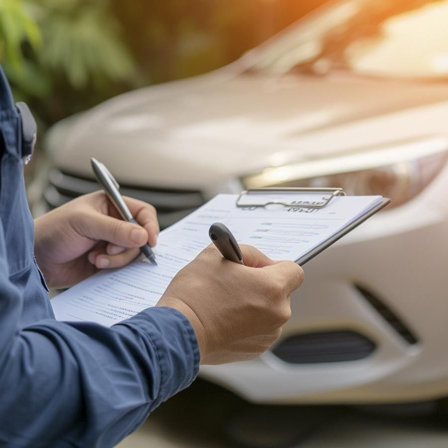 Un hombre está escribiendo en un portapapeles delante de un coche.