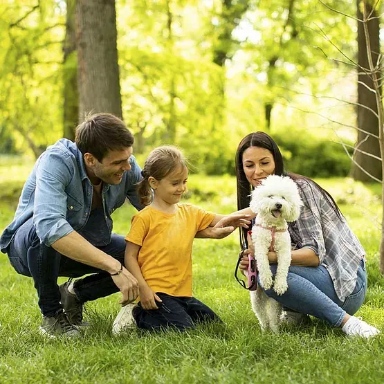 Una familia está jugando con su perro en el parque.
