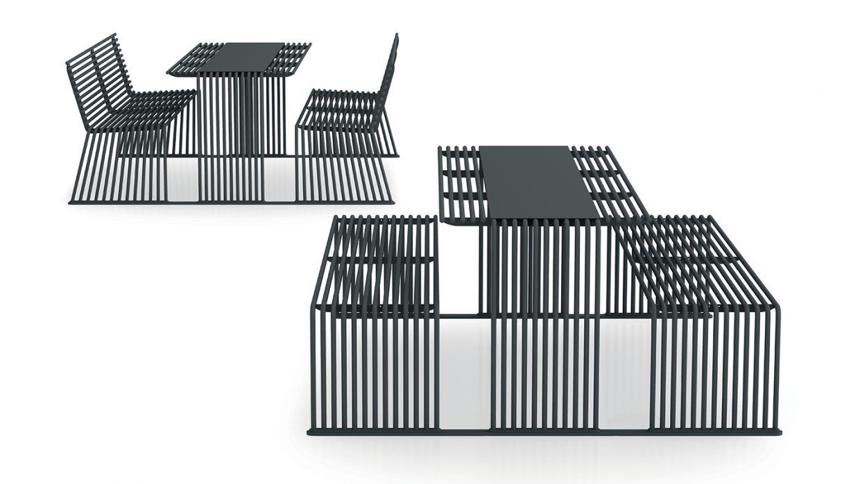 Dos mesas y sillas están colocadas una encima de la otra sobre una superficie blanca.