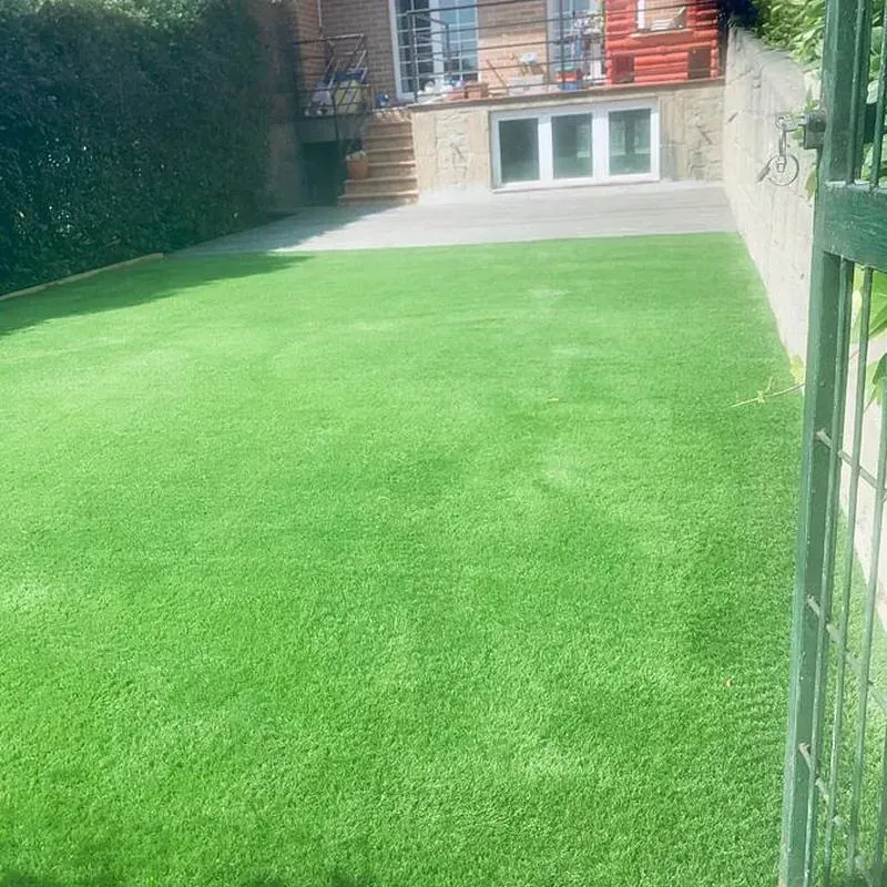 Un patio trasero con mucho césped verde y una casa al fondo.