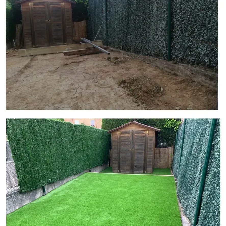 Una foto de antes y después de un patio trasero con un cobertizo y césped.
