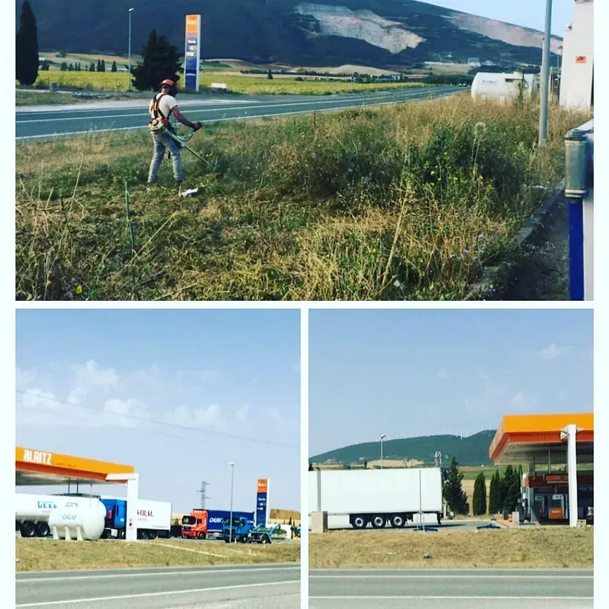 Un collage de fotografías muestra a un hombre cortando césped cerca de una gasolinera.