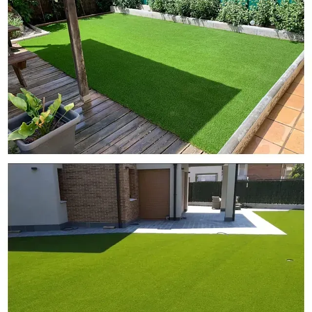 Una foto de un césped y una foto de una casa.