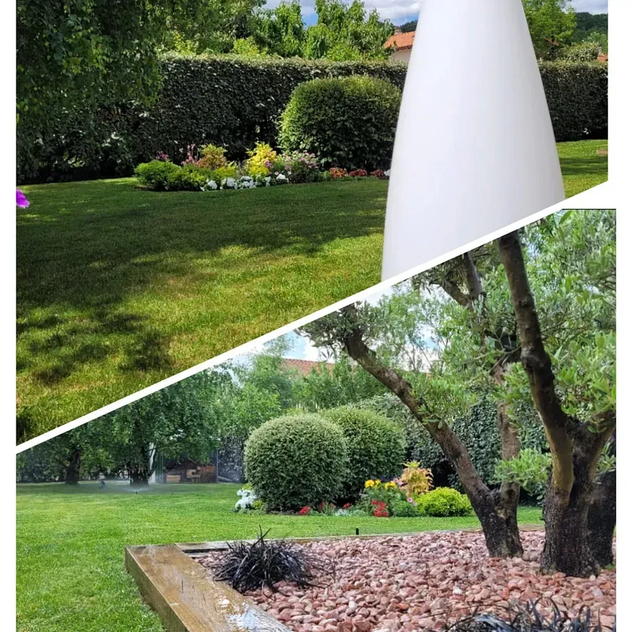 Un collage de dos imágenes de un jardín con árboles y una lámpara.
