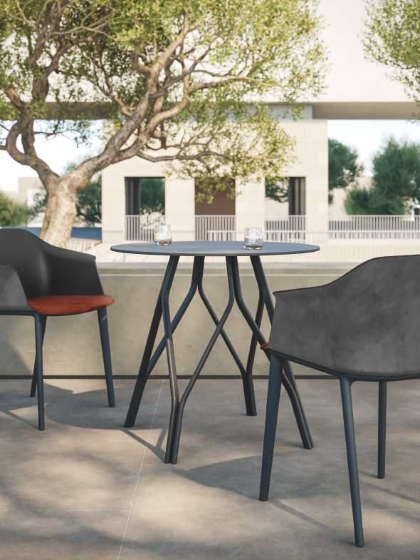 Una mesa y sillas en un patio con un árbol al fondo.