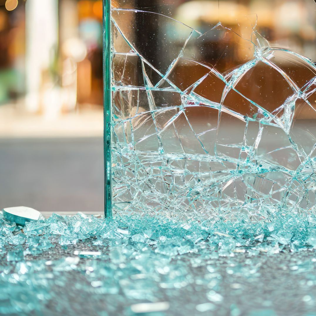 Vitrine brisée et débris de verre