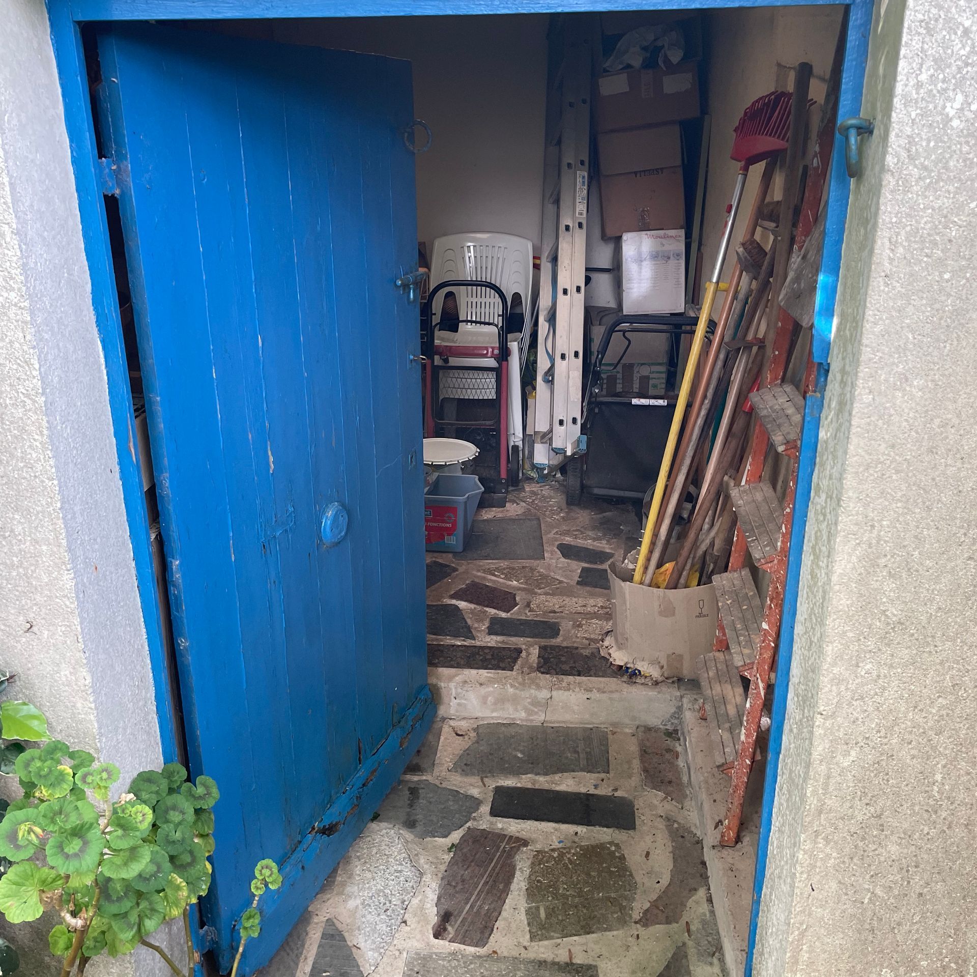 Porte de cave bleue ouverte
