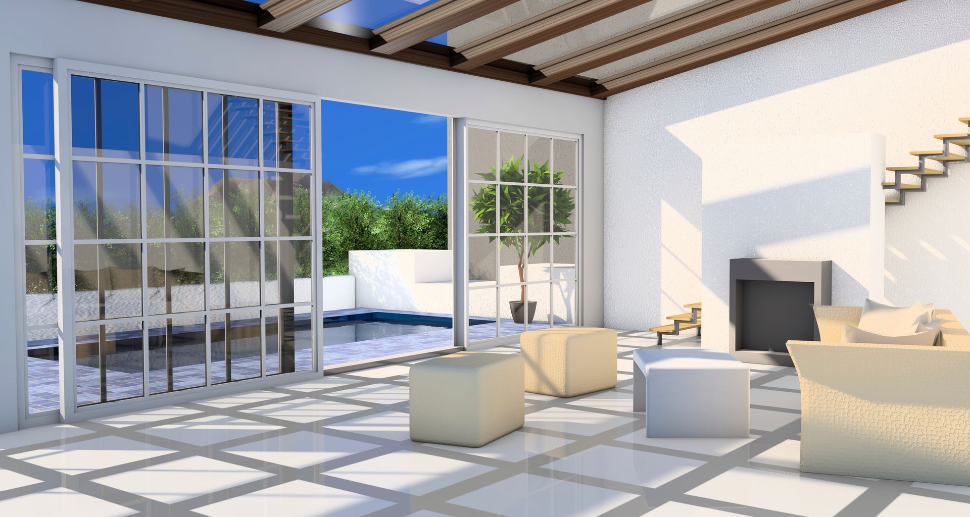 Salón luminoso y moderno con puertas de cristal que dan a una zona de piscina y al cielo azul.