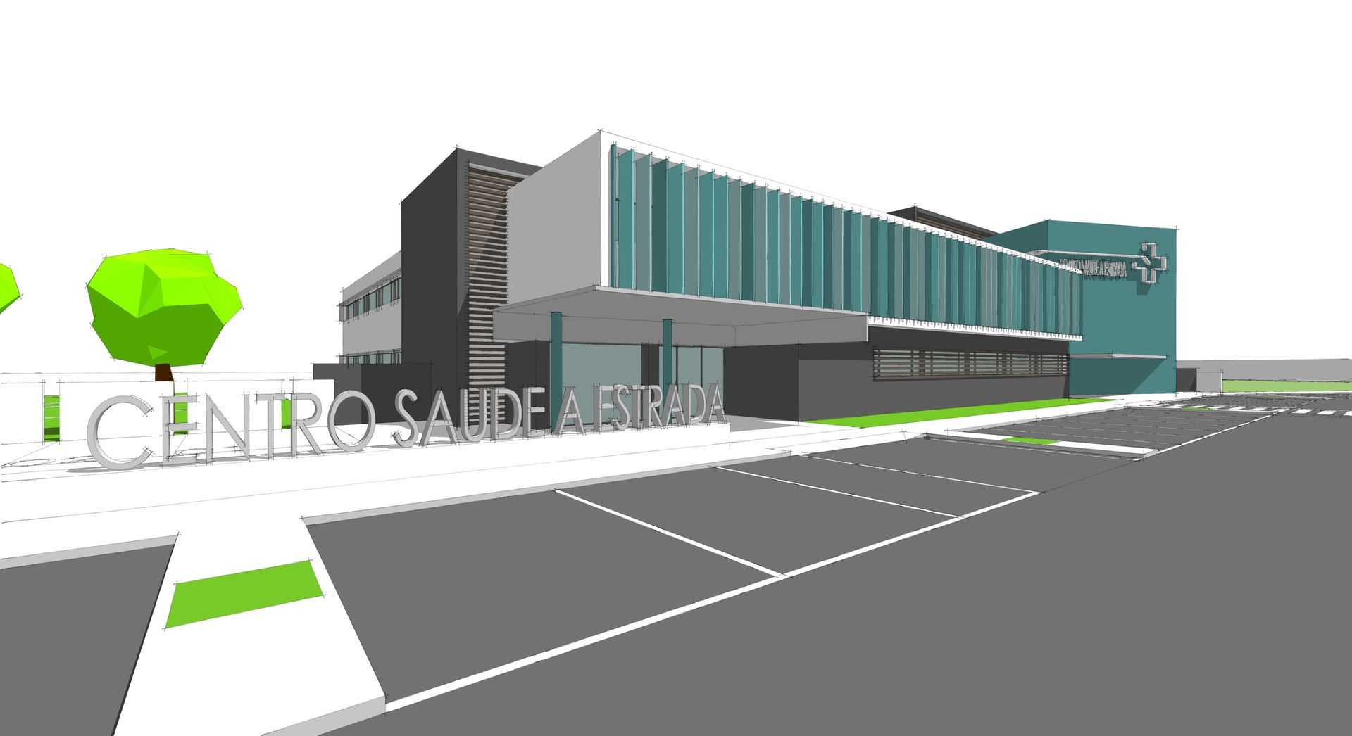 Una imagen generada por computadora de un edificio con la palabra centro en ella.