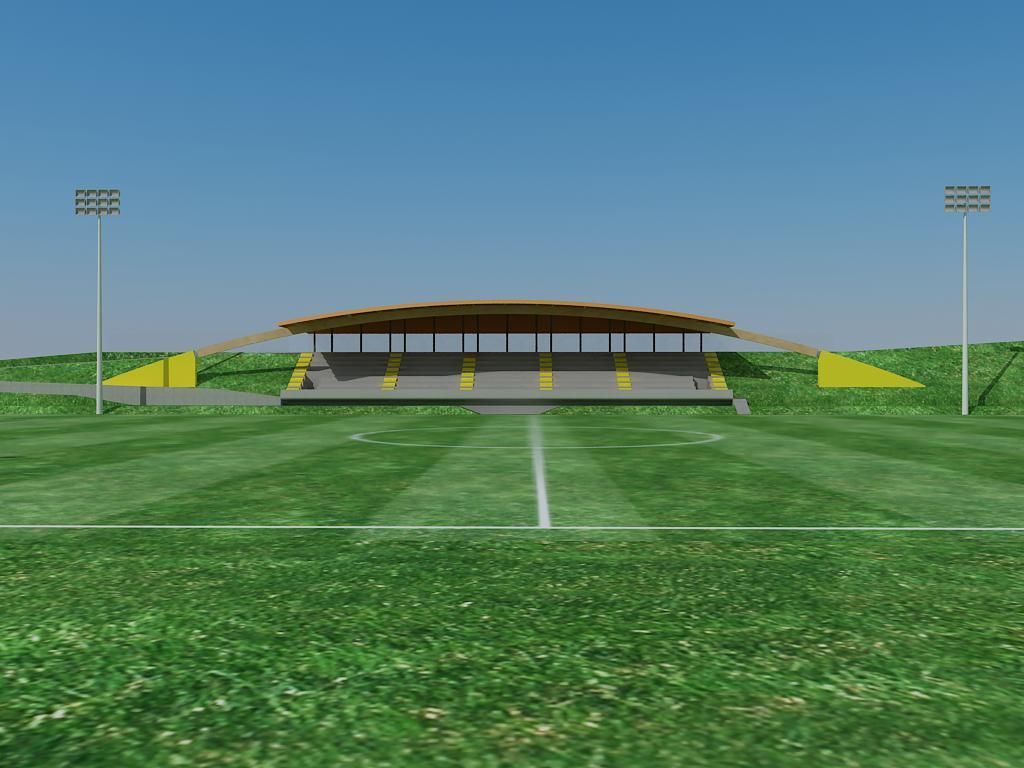 Un campo de fútbol con un estadio al fondo