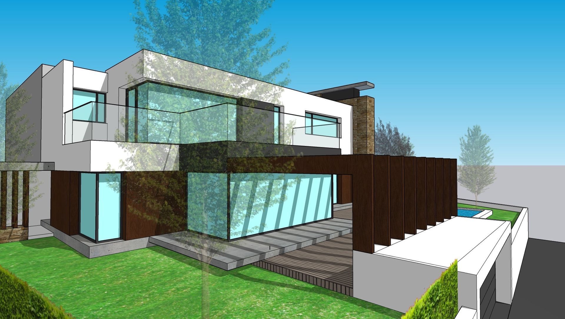 Un dibujo de una casa moderna con muchas ventanas.